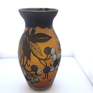Vintage 1980s GALLE Sgd TIP Cameo Glass Vase 5" Berries & Leaves Reproduction